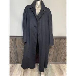 Stollery’s unisex 100% cashmere long dark blue trench coat with burgundy lining.